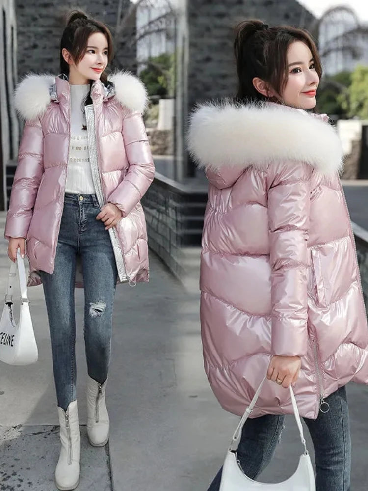 2024 New Women Jacket Winter Parkas Long Coat Fur Collar Hooded Glossy Overcoat Female Cotton Padded Parka Waterproof Outwear