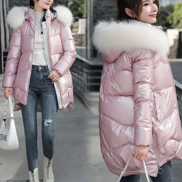 2024 New Women Jacket Winter Parkas Long Coat Fur Collar Hooded Glossy Overcoat Female Cotton Padded Parka Waterproof Outwear