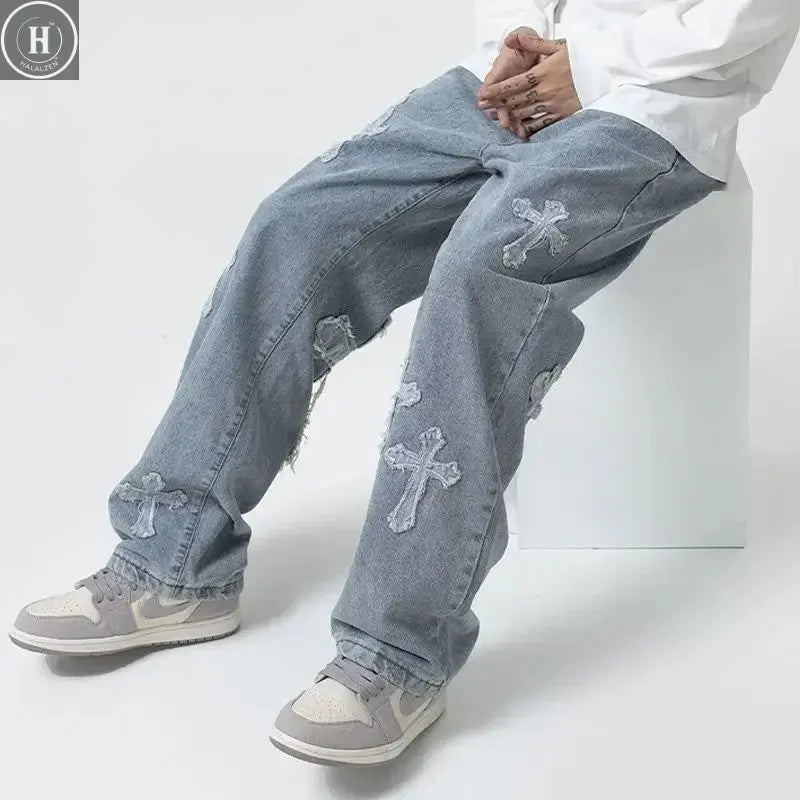 2025 new high street loose white cross jeans men's jeans Y2k loose pants loose cross design straight leg jeans men's Halalzen UK