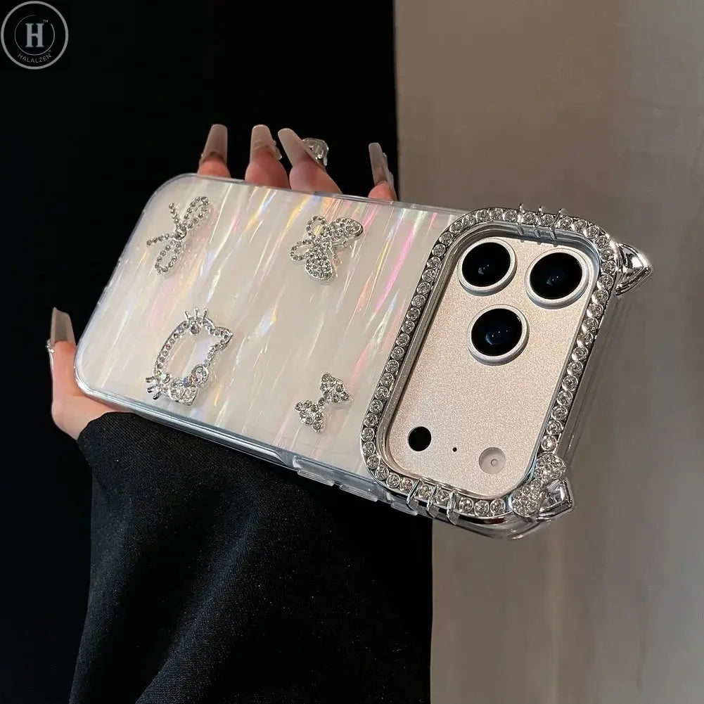 Cute Ear Bow and Butterfly Lens Rhinestone Frame Case for iPhone 17 Pro Max 17 Pro Air 16 Pro 15 14 + 13 Pro 12 11 Protect Cover Halalzen UK
