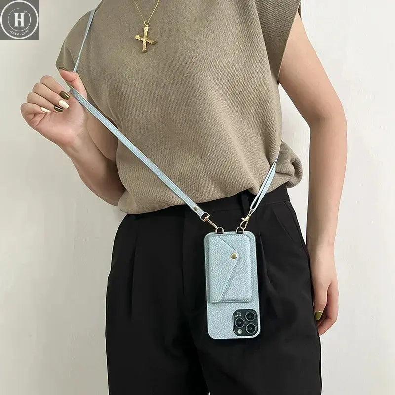 Crossbody Strap Lanyard Leather Phone Case for IPhone 12 Mini 16E 16 15 14 13 11 Pro Max XS 8 Plus Wallet with Card Holder Cover Halalzen UK