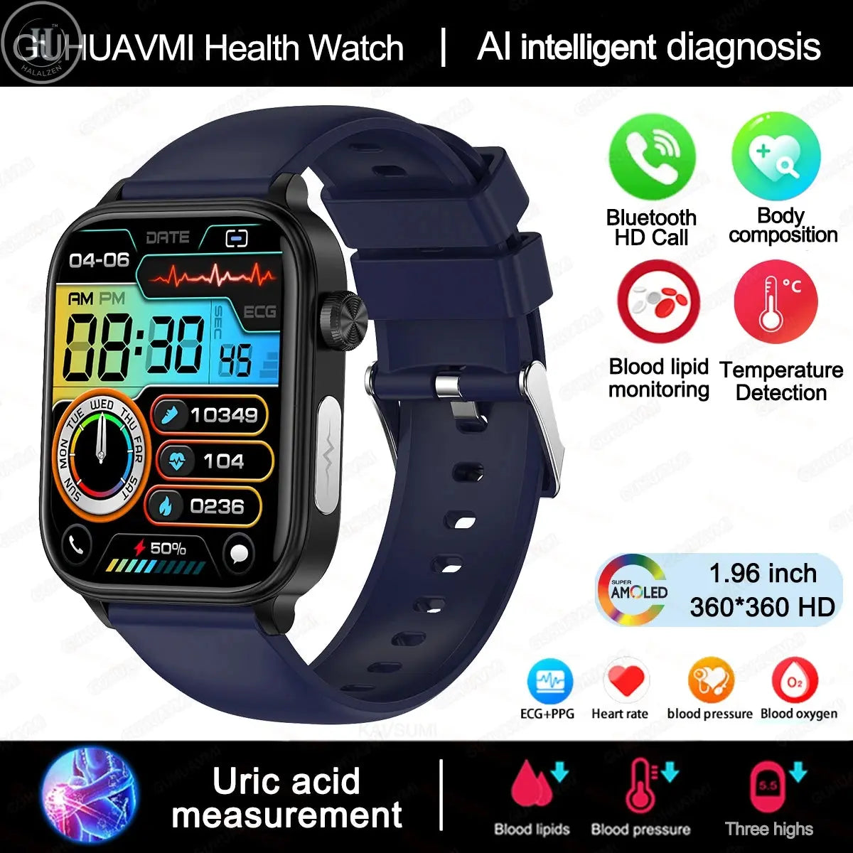 2025 New AI Diagnosis Blood Lipids Uric Acid Body composition Test Smart Watch For Men ECG+PPG Bluetooth Call Health Smartwatch HALALZEN