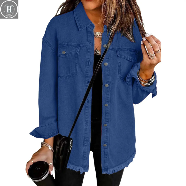 Jean Cardigans Women Fashion Washed Denim Shirt Jacket Autumn And Winter Personality Street Ruffled Denim Jacket For Women Halalzen UK