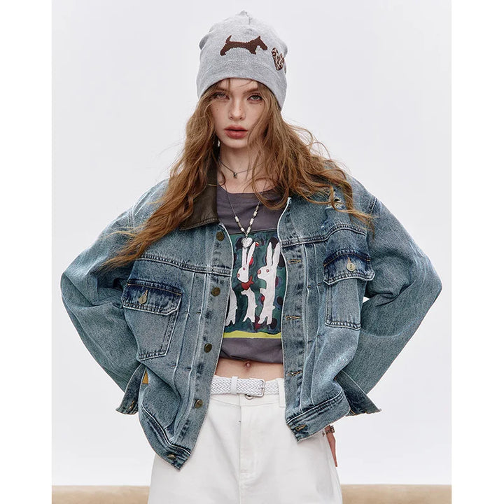 ELFSACK 2025 Autumn New Arrival Streetwear Washed Distressed Embroidery Loose Denim Jacket For Woman