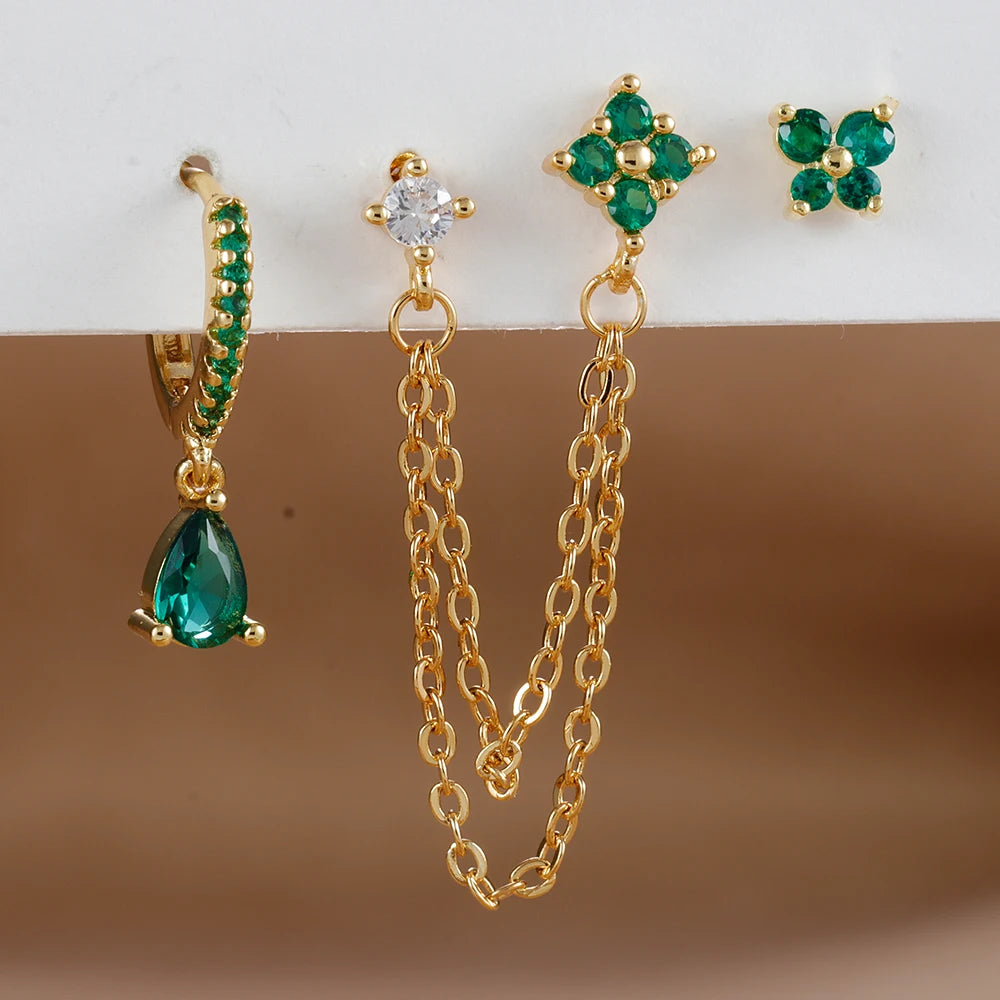 3PCS Set Stainless Steel Crystal CZ Butterfly Ear Stud Earring Gold Plated Pendant Water Drop Cartilage Earring Piercing Jewelry