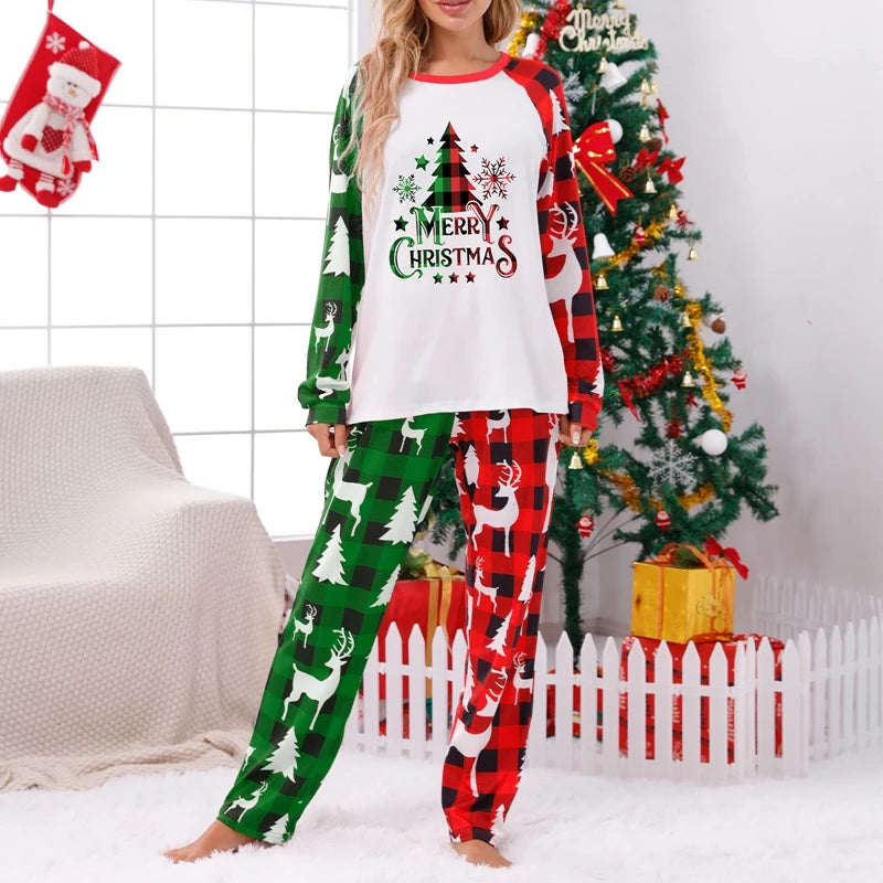 Christmas Family Pajamas Matching Set Reindeer Print Long Sleeve Tops and Striped Pants Sleepwear for the Holidays