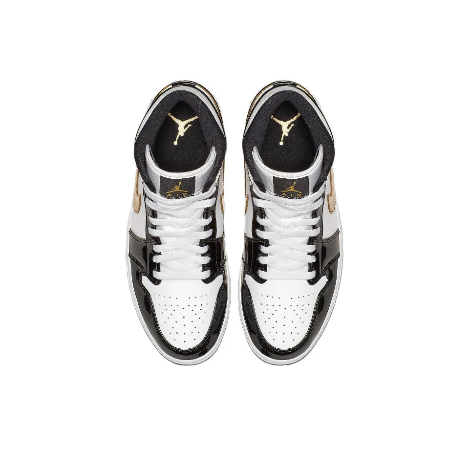 Original Air Jordan 1 Mid "Patent Black Gold" For and Men's Unisex Trend Retro Mid-Top Retro Classic Basketball Shoes