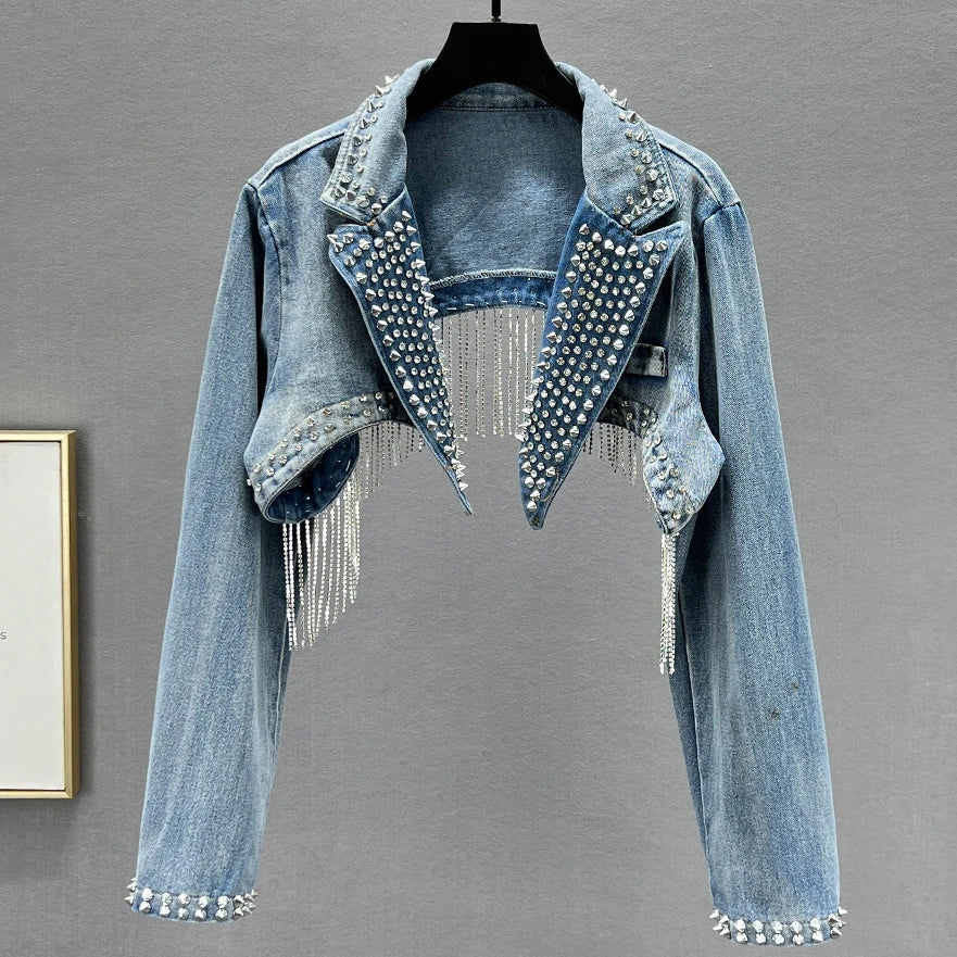 Rhinestone Beaded Tassels Rivets Denim Jacket Short Crystal Fringed Backless Jeans Coat Diamonds Cowboy Cardigan Sequins Tops