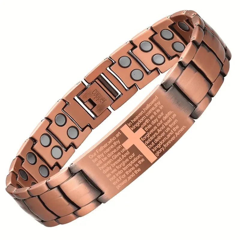 1 piece of copper magnetic bracelet, male version with dual-row magnets, featuring a chain with a cross pattern, hypoallergenic