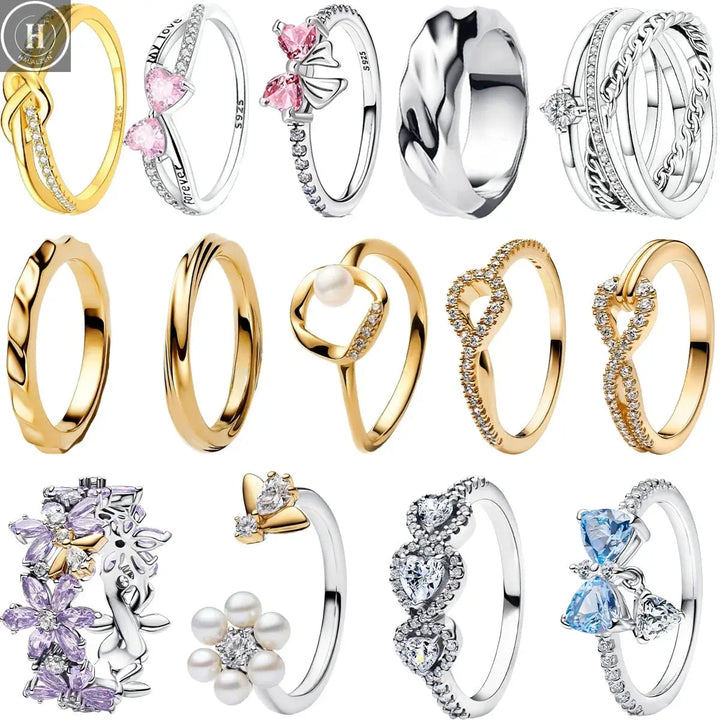 Original 925 Sterling Silver Ring Colorful Heart Crown Bow Bee Flower Crystal For Women Valentine's Birthday Gift DIY Jewelry HALALZEN