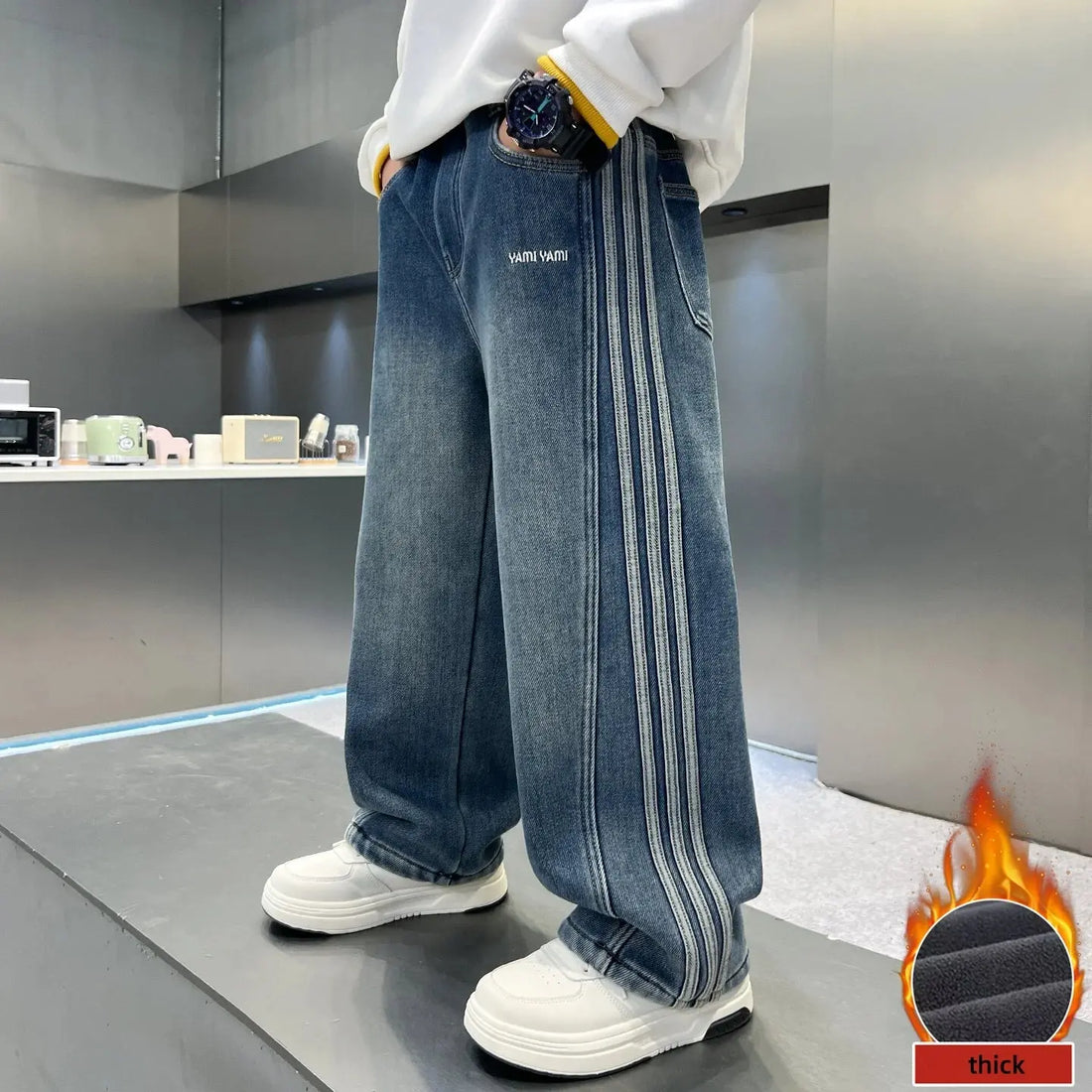 Kids Jeans Fleece Lined 5-16 Years Old Striped Loose Fit Warm Winter Pants Boys Thick Casual Trousers with Side Stripe Decor ﻿ HALALZEN