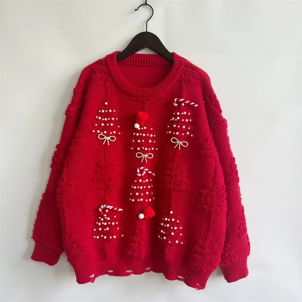 Autumn/Winter Christmas Sweater For Women Bow Nail Bead Red Knitted Pullover Tops American Fashion Jacquard New Year's Jumpers