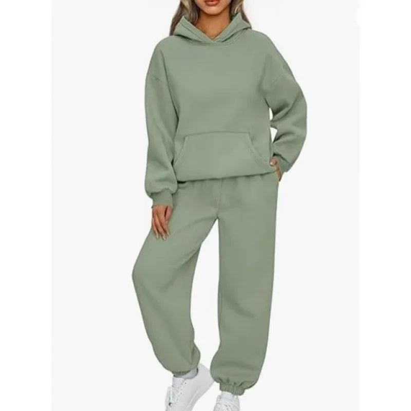 Fashionable Pure Color Autumn Winter Women's Two-Piece Set Casual Hoodie Sportswear Long Pants Ensemble Polyester Fiber