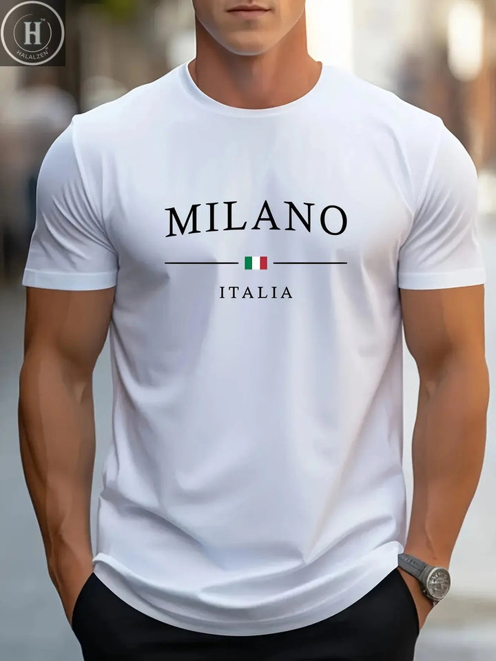 Men's Summer 100% Cotton Fashion MILANO Letter Printed Loose Large Casual Comfortable Round Neck Short Sleeve T-shirt Top HALALZEN