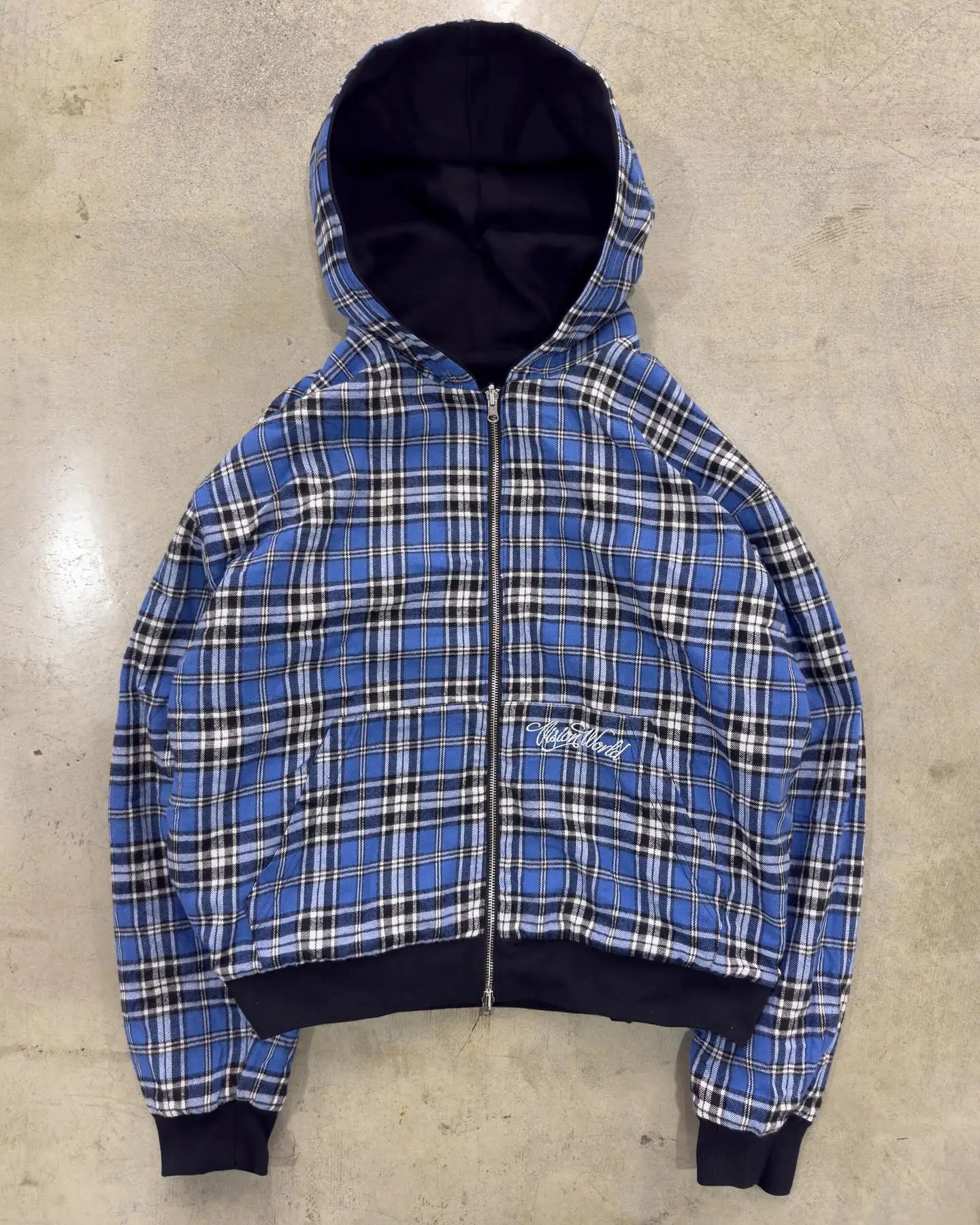 2026 New Double-Sided Blue Plaid Hoodie Men Women Embroidered Loose Zipper Hooded Jacket Y2K Streetwear Casual Couple Sweatshirt