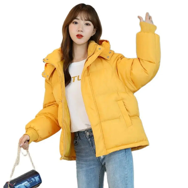 2024 Winter Women Jacket Yellow Short Hooded Cotton Padded Female Coat Thicken Warm Outwear Loose Waterproof Women Parka Femme