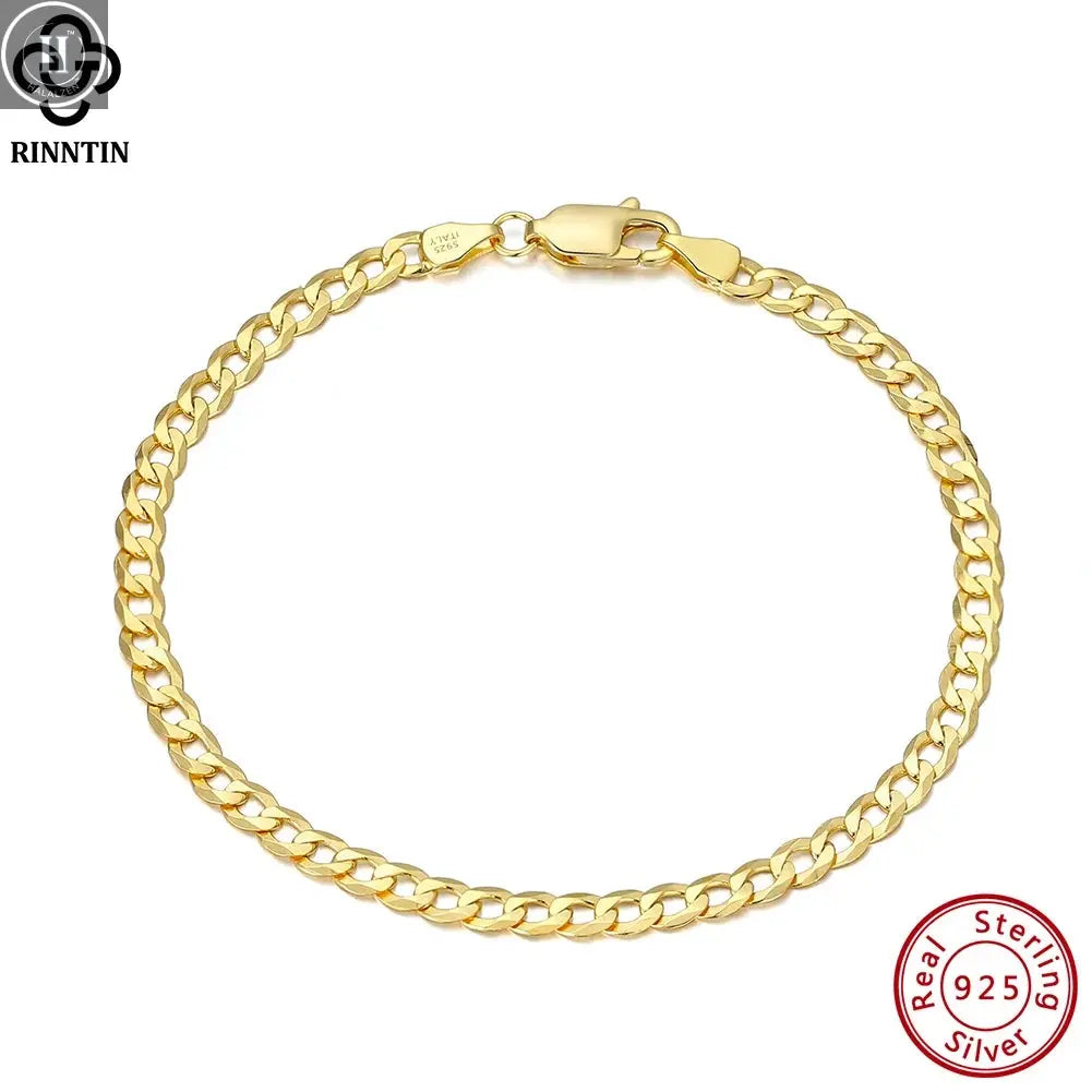 Rinntin 18K Gold Over 925 Sterling Silver 3mm Italian Cuban Chain Bracelet for Women Men Trendy Silver Bracelet Jewelry SB123 HALALZEN