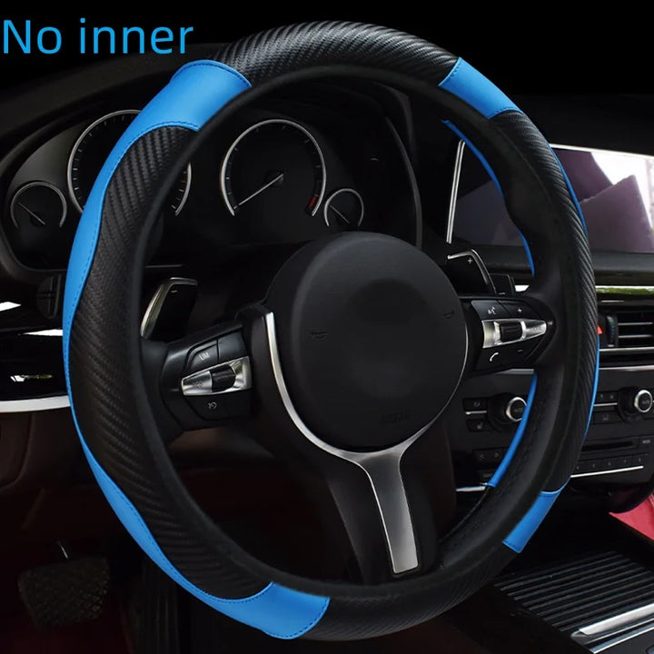 Carbon fiber pattern PU leather steering wheel cover with no inner ring design, full elasticity, anti slip and wear-resistant, m