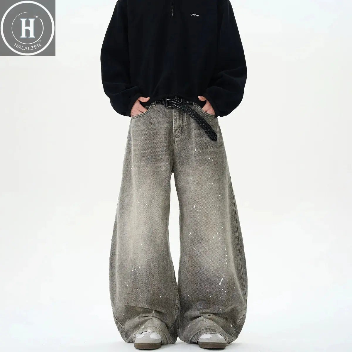 Retro Washed Distressed Grey Spray Ink Bent Knife Jeans Men's Casual American Street Loose Long Pants Straight Leg Jeans Halalzen UK