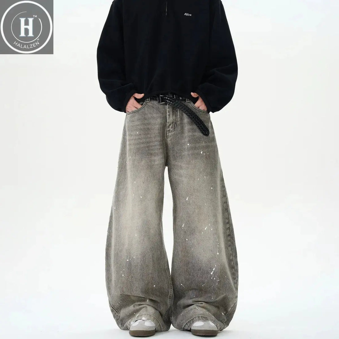 Retro Washed Distressed Grey Spray Ink Bent Knife Jeans Men's Casual American Street Loose Long Pants Straight Leg Jeans Halalzen UK