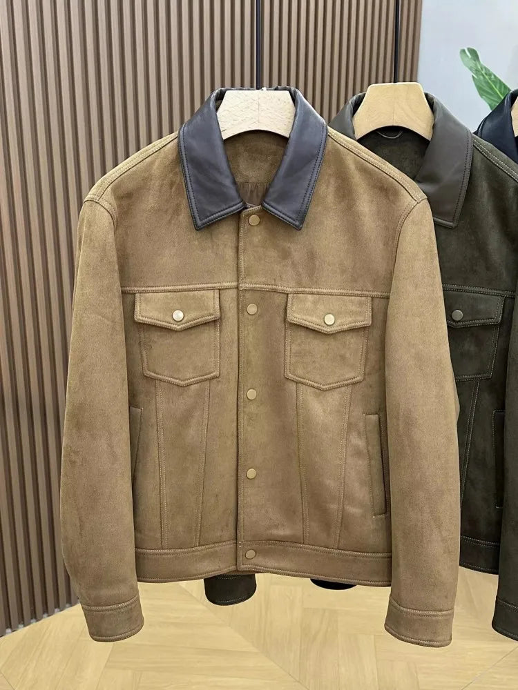 Business Men Slim Fit Autumn Faux Suede Leather Jacket Single Breasted Pu Leather Lapel Collar Coat Fashion Streetwear Outwear