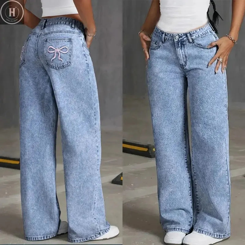 Denim Wide Leg Jeans High waisted  Bow Embroidered Pocket Wide Leg Jeans Fashionable Women's Trousers Casual Style Halalzen UK