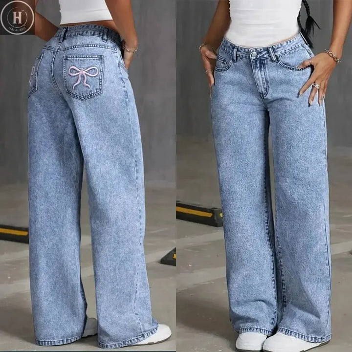 Denim Wide Leg Jeans High waisted  Bow Embroidered Pocket Wide Leg Jeans Fashionable Women's Trousers Casual Style Halalzen UK