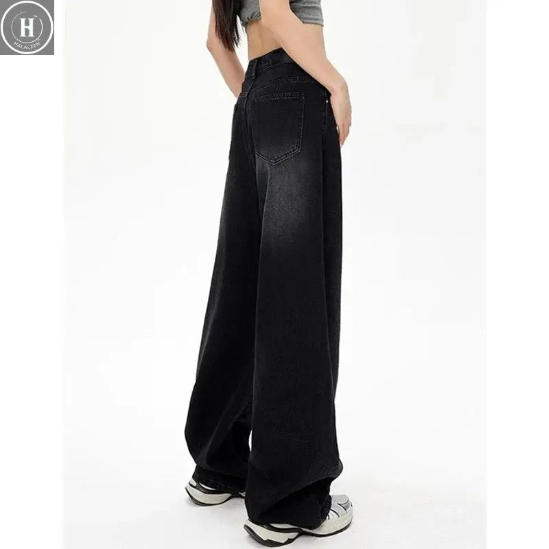 Lady Retro Black Gray High Waist Jeans Pants Women Fashion Straight Leg Denim Trousers Girls Loose Fit Thin Casual Pants Halalzen UK