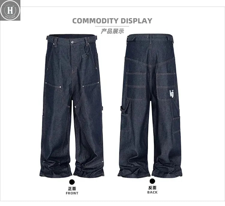 MIJKO Straight Blue Jeans Workwear Multi Pocket Embroidery Original Cow Trousers Comfortable Silhouette for Men and Women HALALZEN