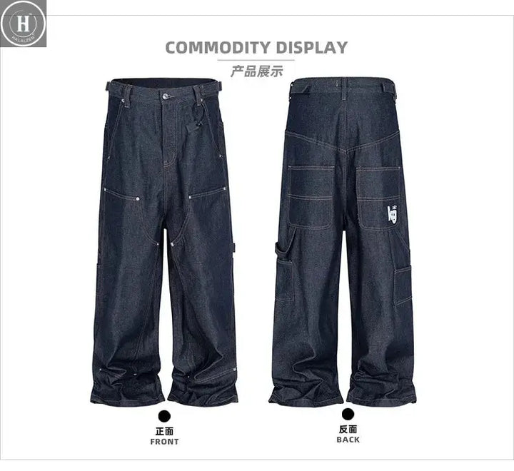 MIJKO Straight Blue Jeans Workwear Multi Pocket Embroidery Original Cow Trousers Comfortable Silhouette for Men and Women HALALZEN