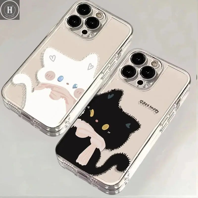 Cartoon Black White Cat Couple Paired Phone Case For iPhone 17 16 Pro Max 15 14 11 12 13 Plus Clear Cover Fundas Halalzen UK