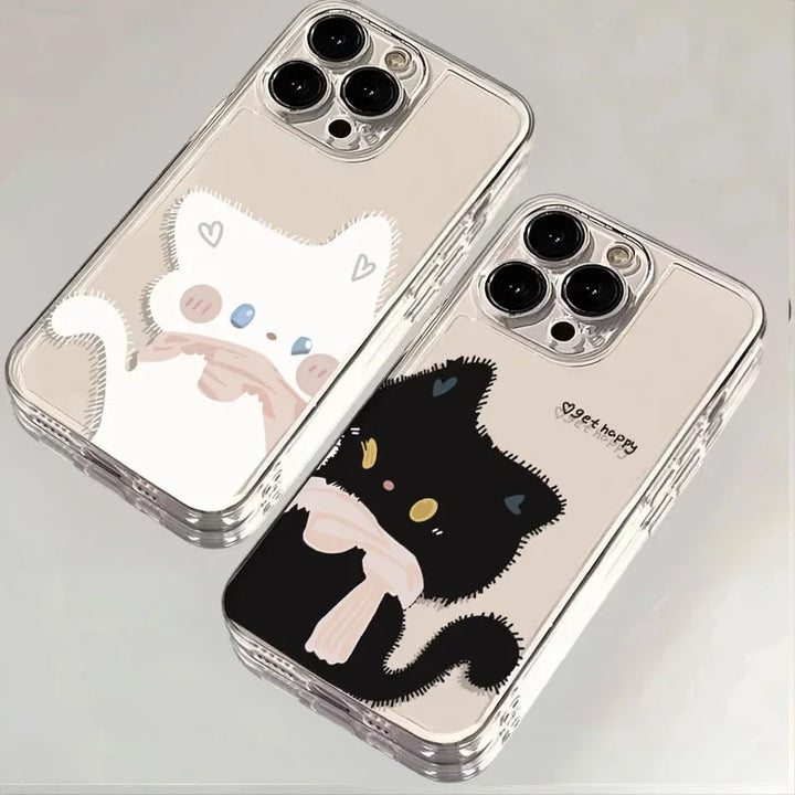 Cartoon Black White Cat Couple Paired Phone Case For iPhone 17 16 Pro Max 15 14 11 12 13 Plus Clear Cover Fundas