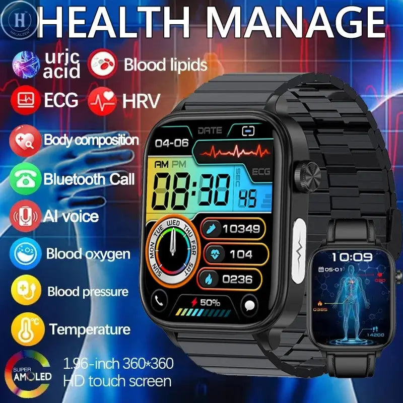 2025 New AI Diagnosis Blood Lipids Uric Acid Body composition Test Smart Watch For Men ECG+PPG Bluetooth Call Health Smartwatch HALALZEN