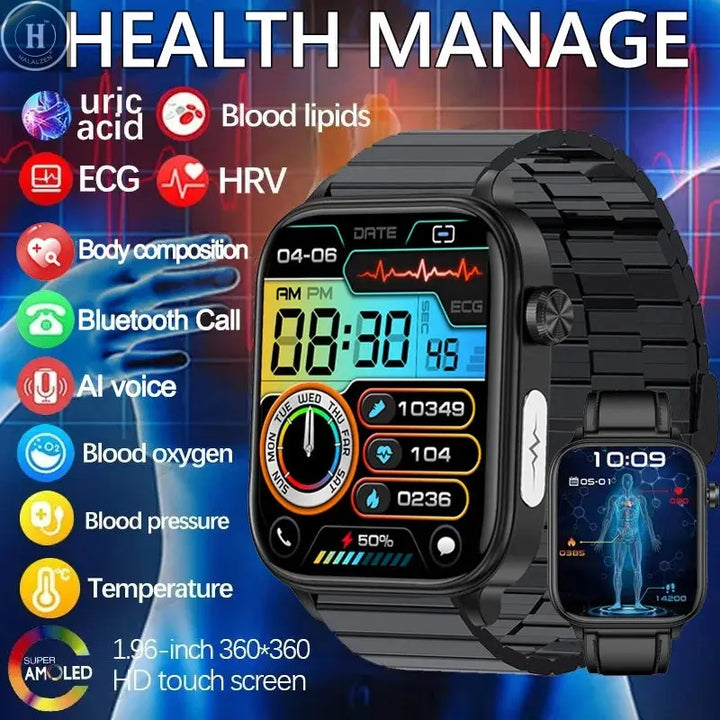 2025 New AI Diagnosis Blood Lipids Uric Acid Body composition Test Smart Watch For Men ECG+PPG Bluetooth Call Health Smartwatch HALALZEN