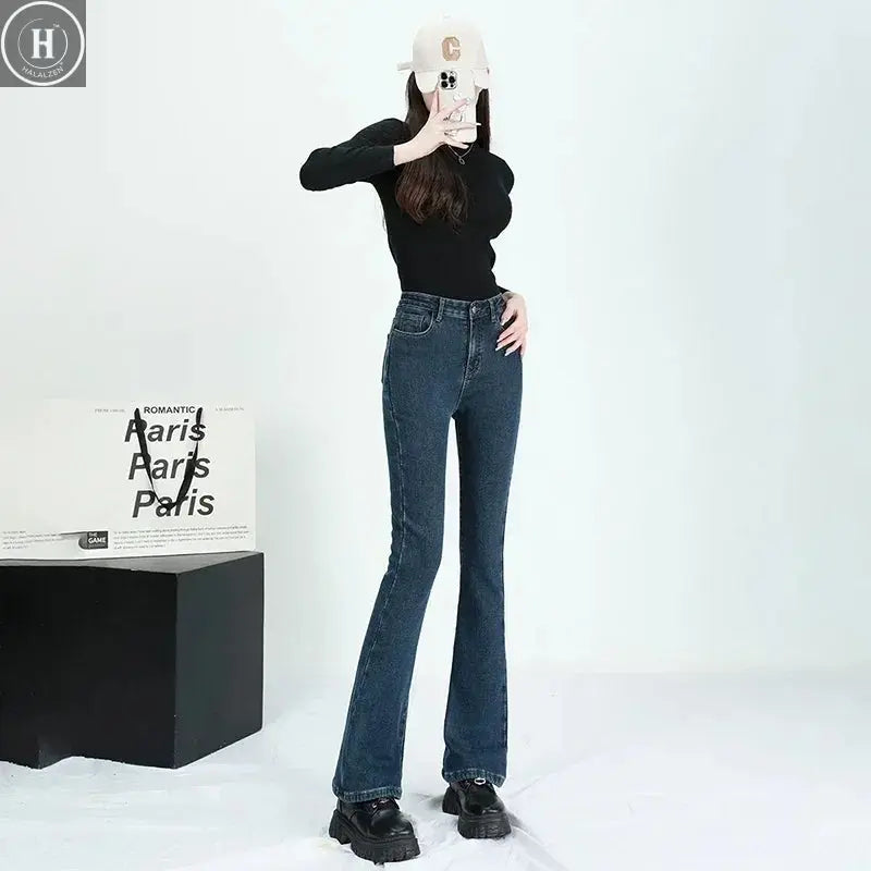 Winter Female Thin Snow Warm Plush Jeans Lady Chic Fleece Flared Pants Girls Korean High Waist Straight Leg Denim Trousers Halalzen UK
