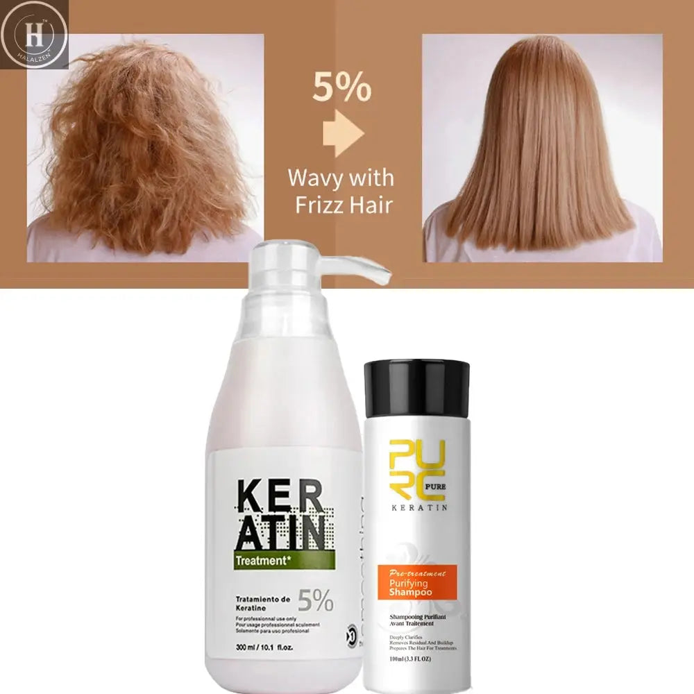 PURC 300ml Brazilian Keratin Hair Treatment & 100ml Purifying Shampoo Set Professional Straightening Repair Frizz Soft Hair Care HALALZEN