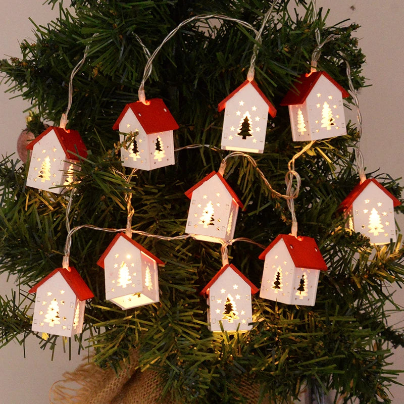 Christmas Wooden House LED String Light Xmas Tree Hanging Ornament 2024 Christmas Decoration For Home Kids New Year Gift Navidad