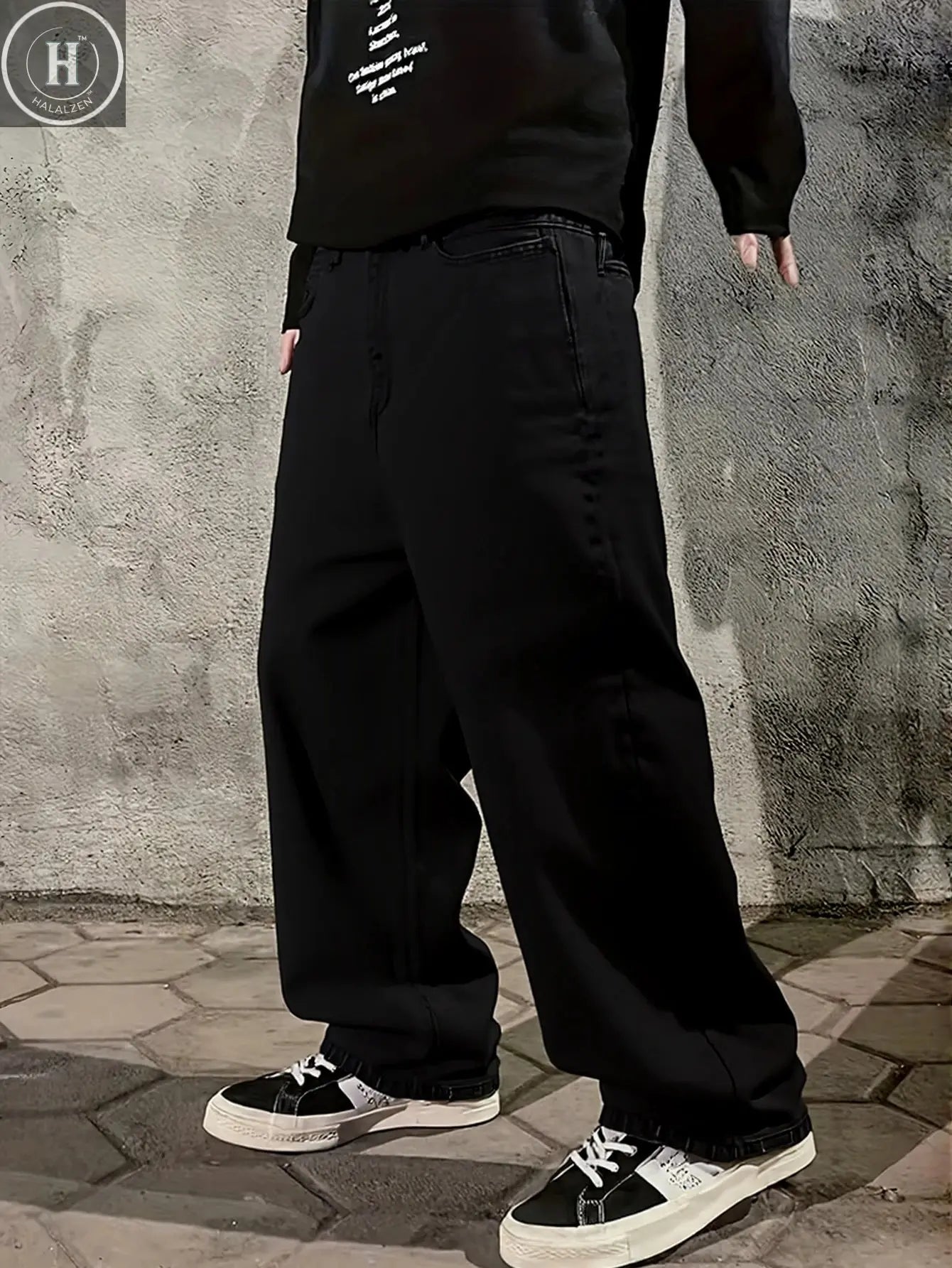 Men's black wide-leg jeans, loose and flowing, simple and versatile, easily creating street fashion and casual everyday style. Halalzen UK