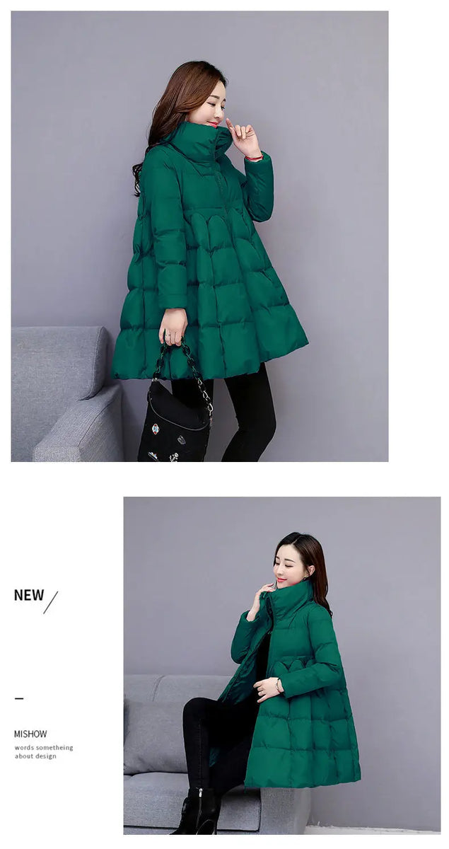 Womens Padded Down Jacket Long Loose Coat A-line Poncho Parkas Thick Skirt Cotton Outwaer Female Fashion New Winter Jacket