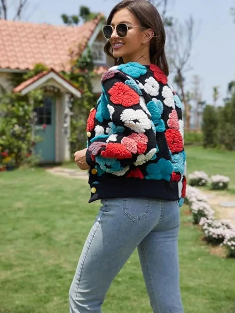 Wool Coats for Women Floral Puff Sleeve Embroidered Printing Short Fall Winter Jacket