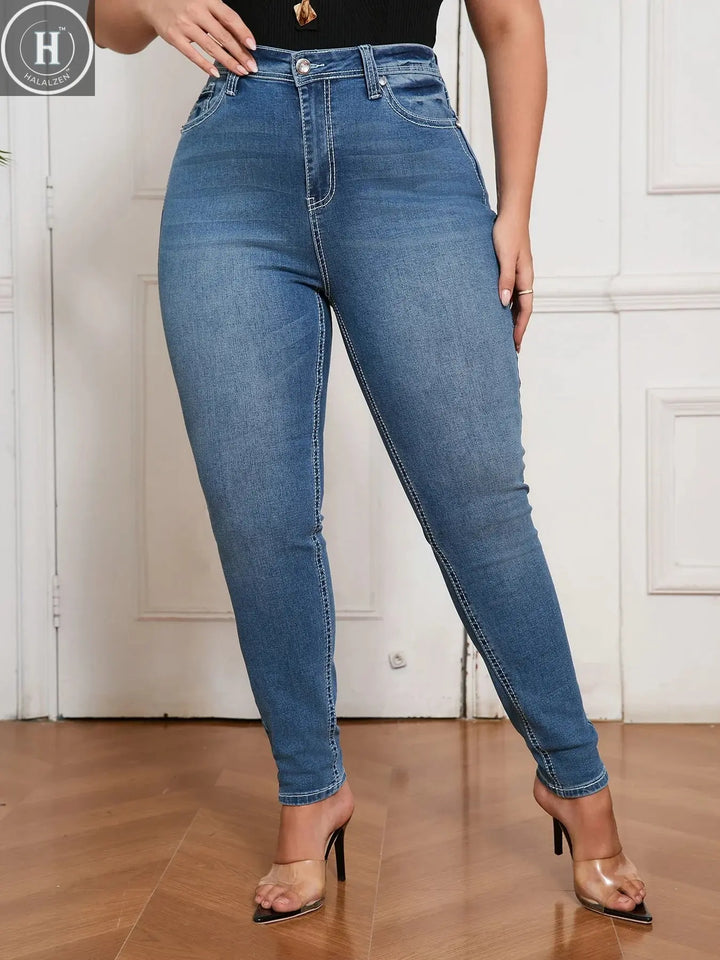 Classic Plus Size Skinny Denim Jeans for Women High Waist Stretch Pants Curvy Everyday Clothing Halalzen UK