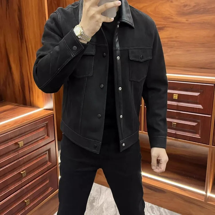 Business Men Slim Fit Autumn Faux Suede Leather Jacket Single Breasted Pu Leather Lapel Collar Coat Fashion Streetwear Outwear
