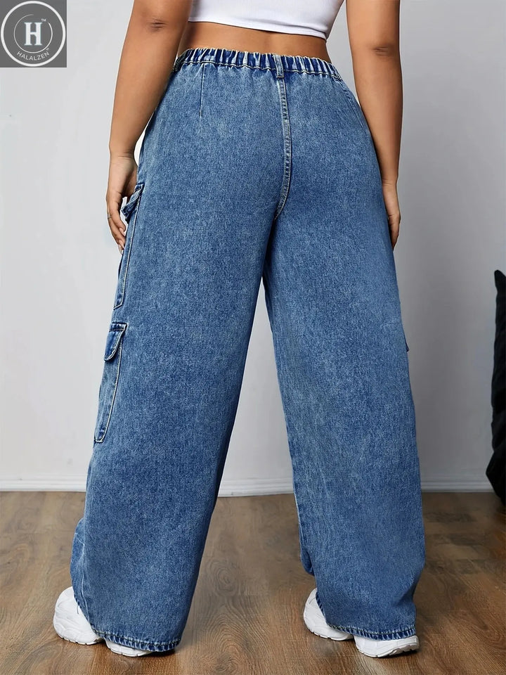 plus Size Women's Workwear Straight Leg Jeans Casual Double Pocket Elastic High Waist Wide Leg Denim Trousers Halalzen UK