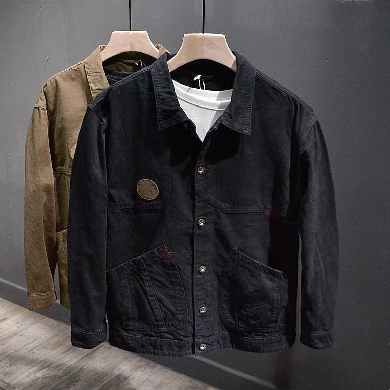 Retro American Cotton Work Jaet Men's Autumn Winter Casual Loose Fit Denim Coat for Welding Wear Resistant Outerwear