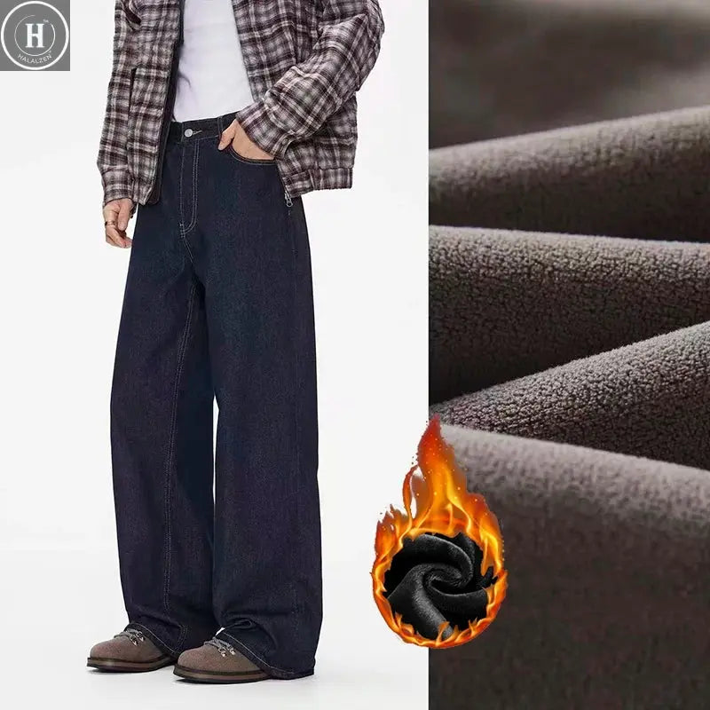 Men Fashion Baggy American Style Straight Winter Thermal Jeans Male New Thickened Windproof Full Length Wide Leg Long Trousers HALALZEN