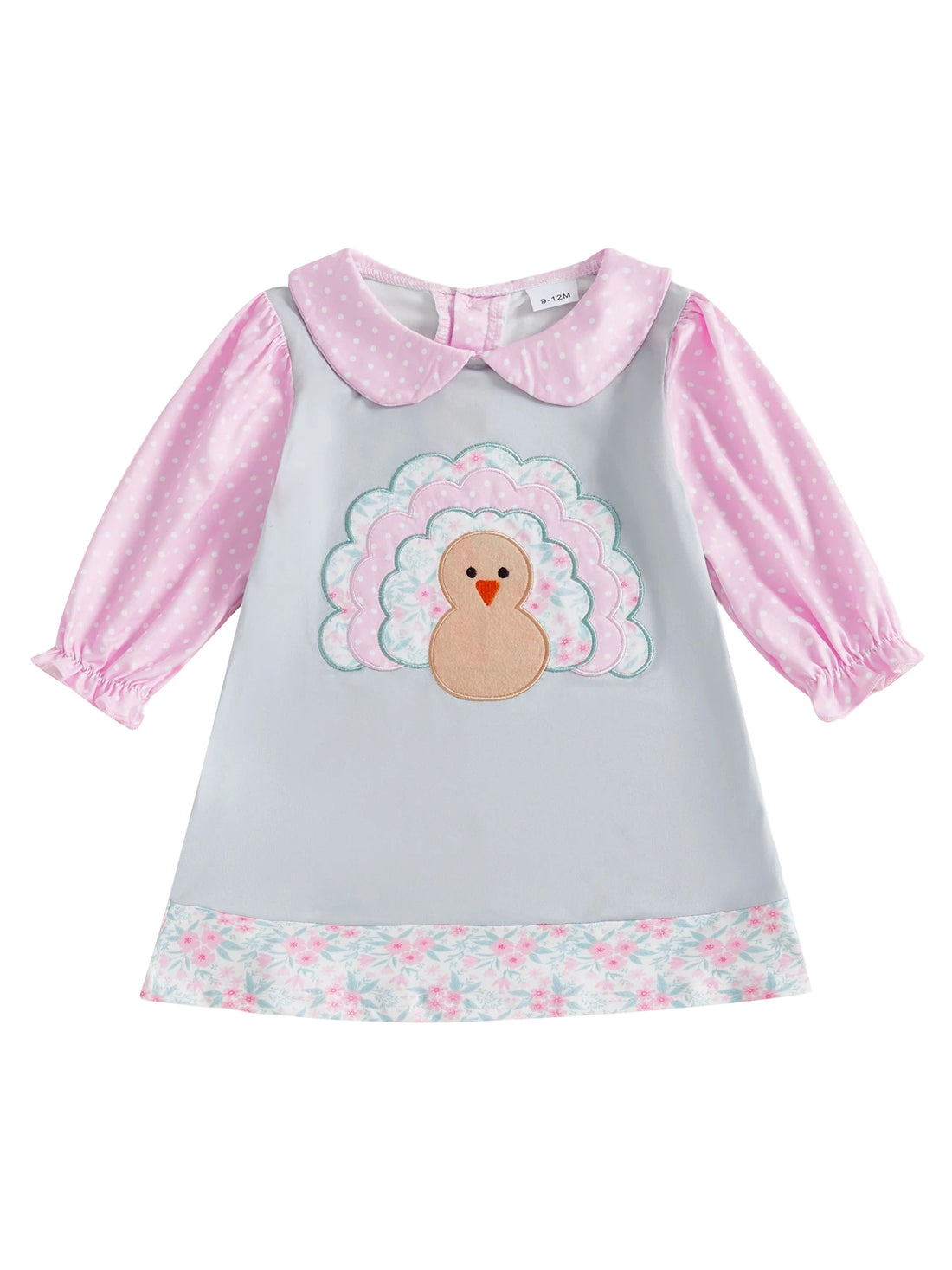 Adorable Infant Girl Fall Dress with Cute Turkey Embroidery and Lantern Sleeves for Thanksgiving Celebration