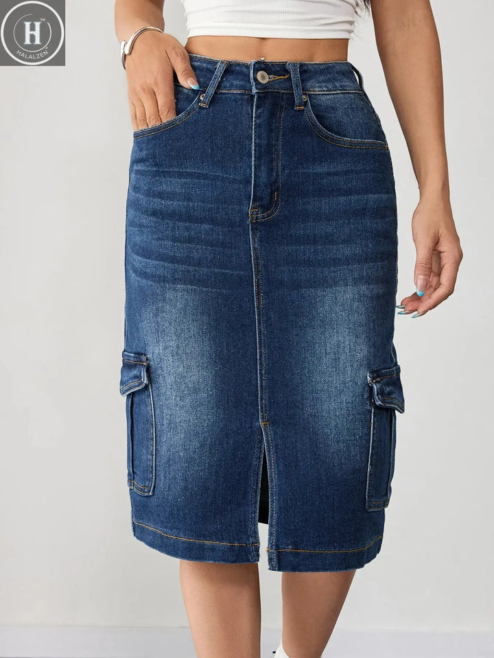 Trendy Plus Size Women's Denim Midi Skirt High Waist Cargo Jeans Pants Stylish Streetwear Halalzen UK