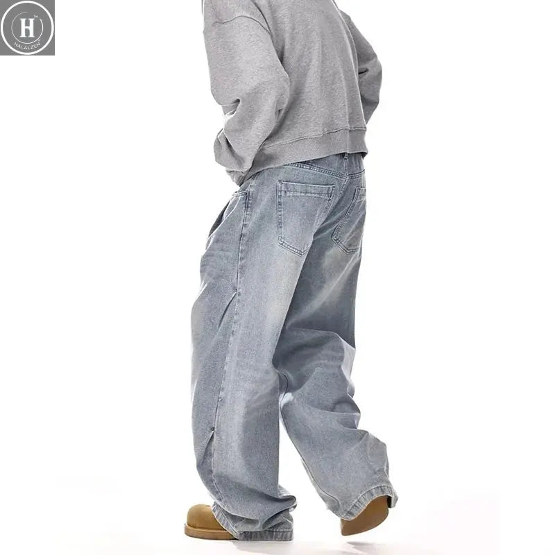 New Korean Retro Men'S Jeans High Street Straight Leg Pants Loose Casual Jeans Fashion Wide Leg Pants Halalzen UK