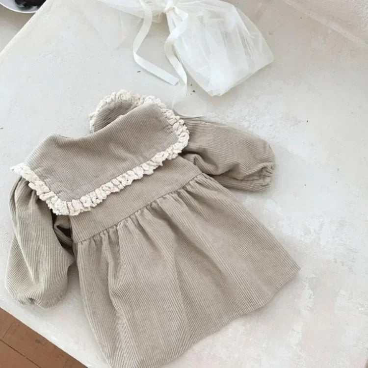 Spring Toddler Girls Dress Corduroy Dress Lace Ruffles Collar Full Sleeve Baby Dress