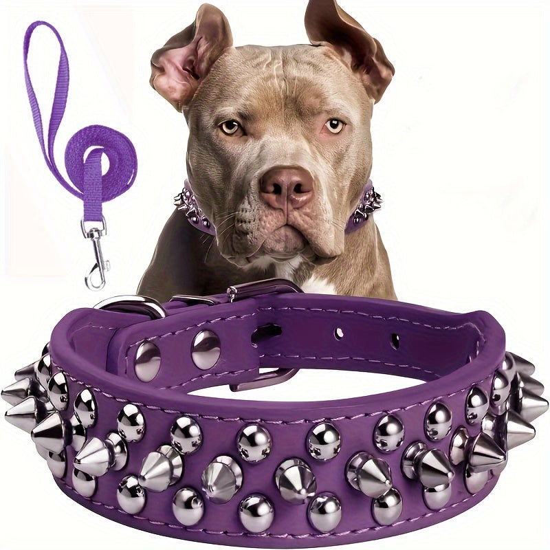 Leather Spiked Dog Collar Set  Adjustable RivetEmbellished Durable Design for Outdoor Walking Comfortable Wear  Premium Quality Stylish Pattern